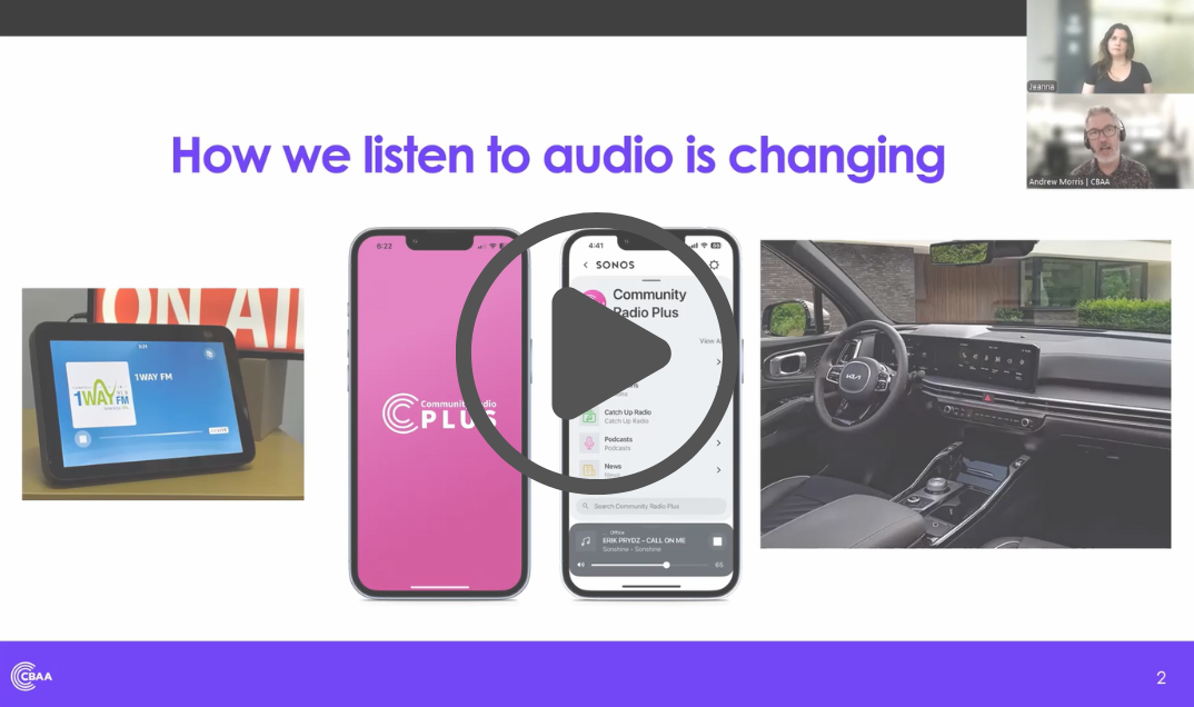 How we listen to audio is changing slide from recent CBAA webinar featuring Amazon's Jeanna Manifold and CBAA's Andrew Morris